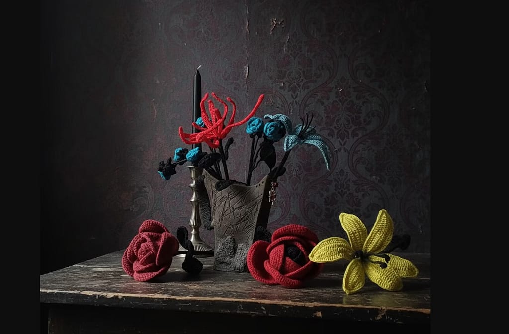 gothic crochet flower, crochet flower bouquet, crochet bouquet, crochet pattern, fake flowers, home decor, goth decor, wildflower bouquet, homedecor, bridal bouquet, crochet gifts, graduation bouquet, bridesmaid bouquet, gothic decor, amigurumi pattern,