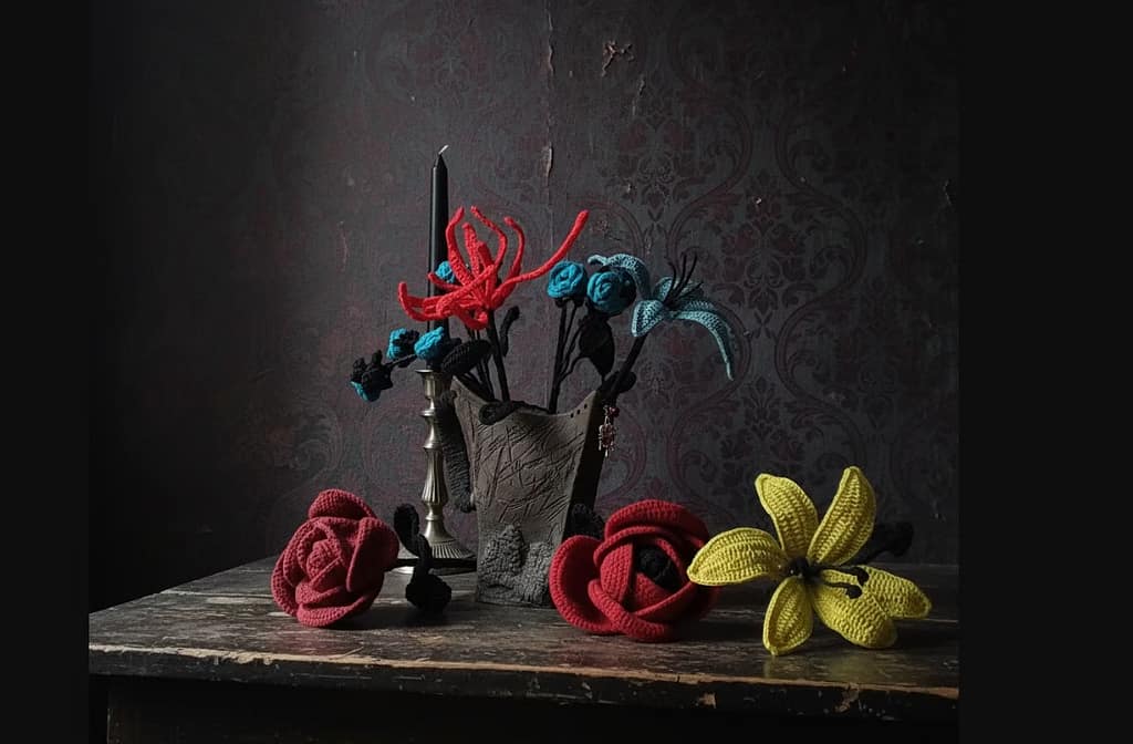 gothic crochet flower, crochet flower bouquet, crochet bouquet, crochet pattern, fake flowers, home decor, goth decor, wildflower bouquet, homedecor, bridal bouquet, crochet gifts, graduation bouquet, bridesmaid bouquet, gothic decor, amigurumi pattern,