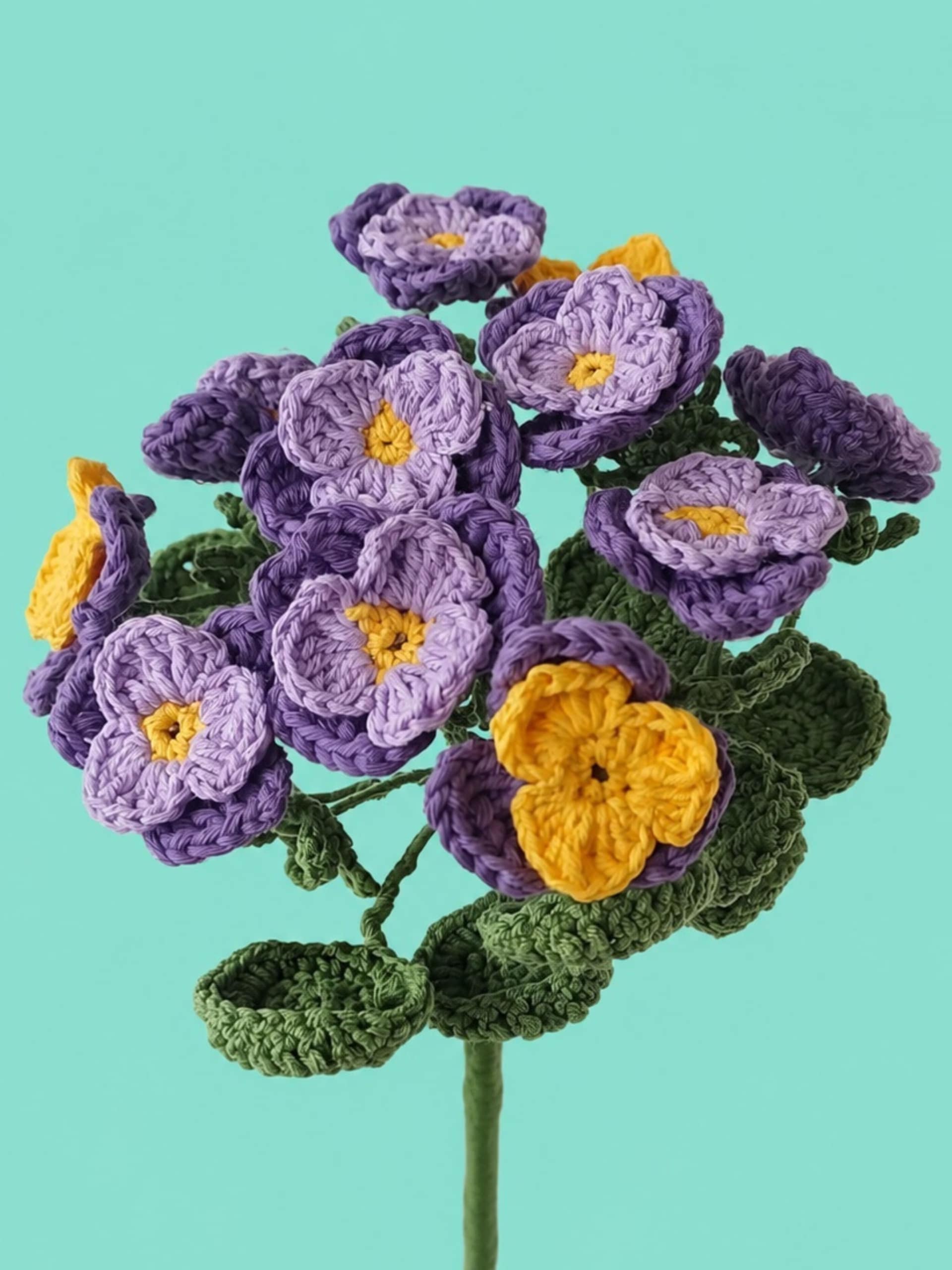pansy crochet flower handmade whole branch with many purple and yellow flowers